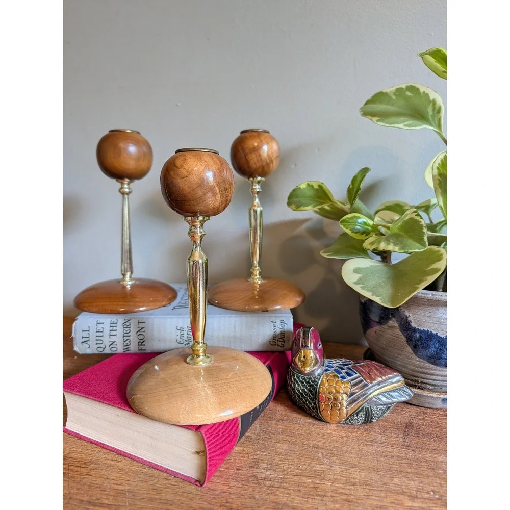 Vintage Mid Century Modern Oregon Myrtlewood Candlestick Holders Set of 3 Gold
